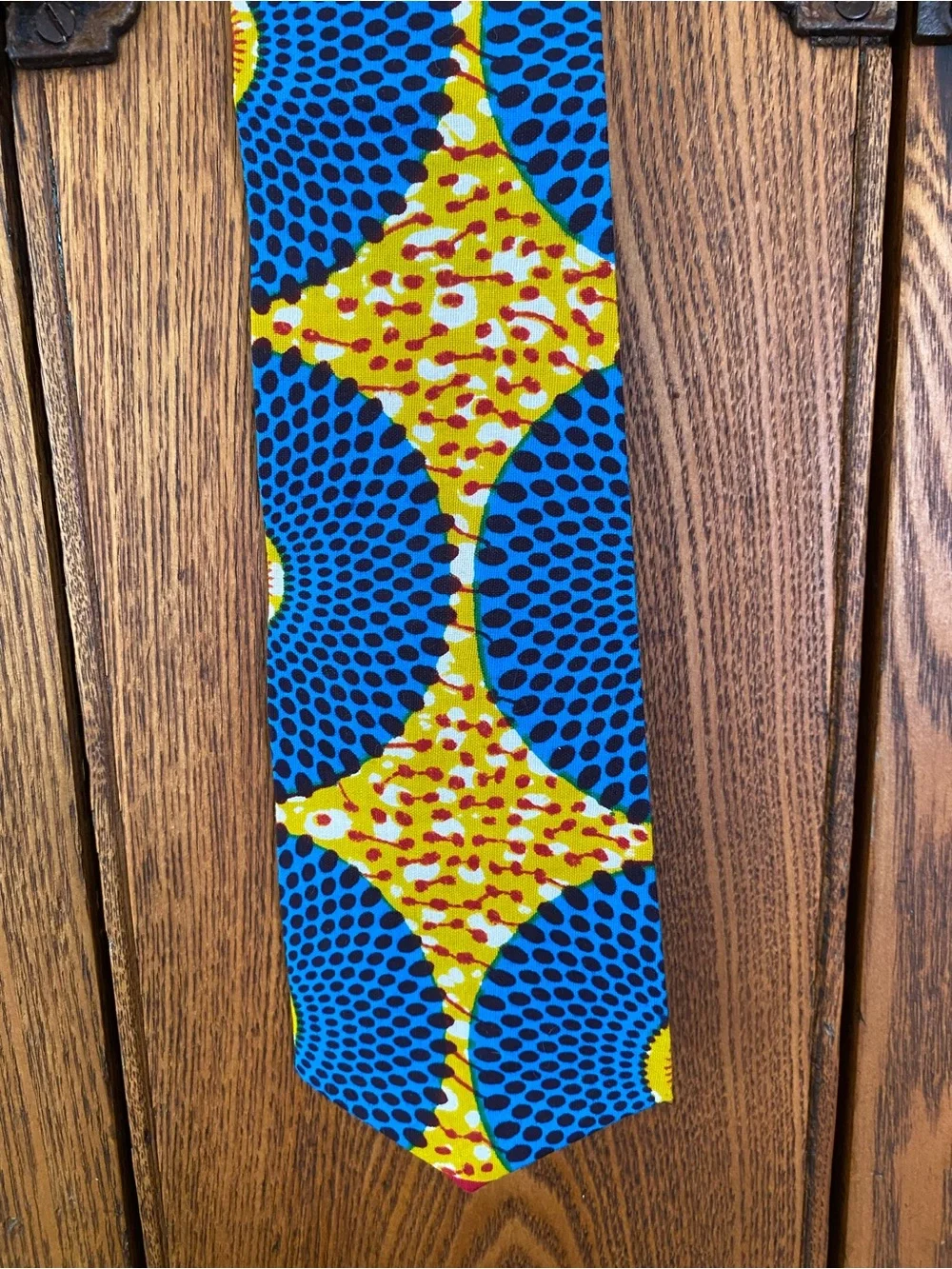 African wax circle sun print necktie tie vintage cotton blue yellow gold red